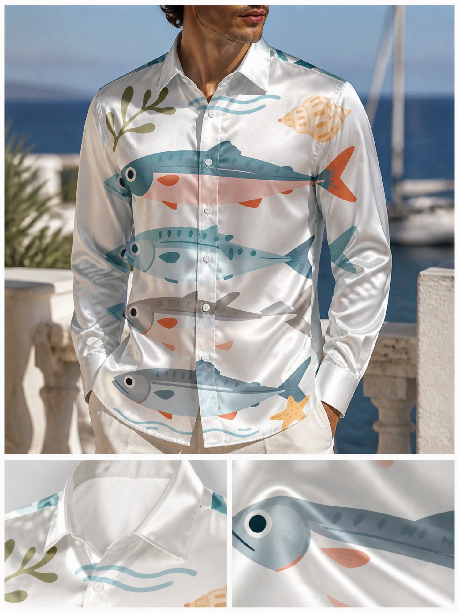 Mens Luxury Satin Long Sleeve  - Resort Shirt Floral 评论和价格