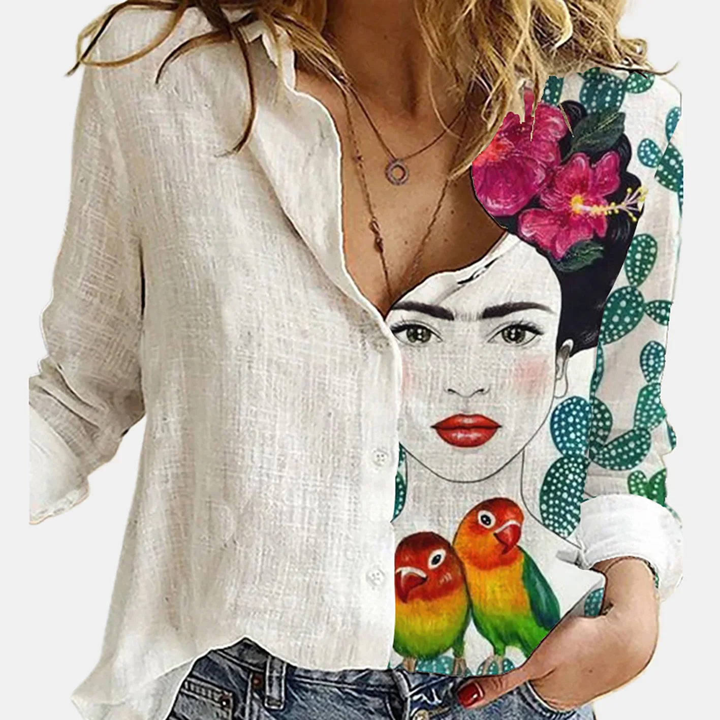 Women Spring And Autumn Long S - Shirt Camp Collar 评论和价格